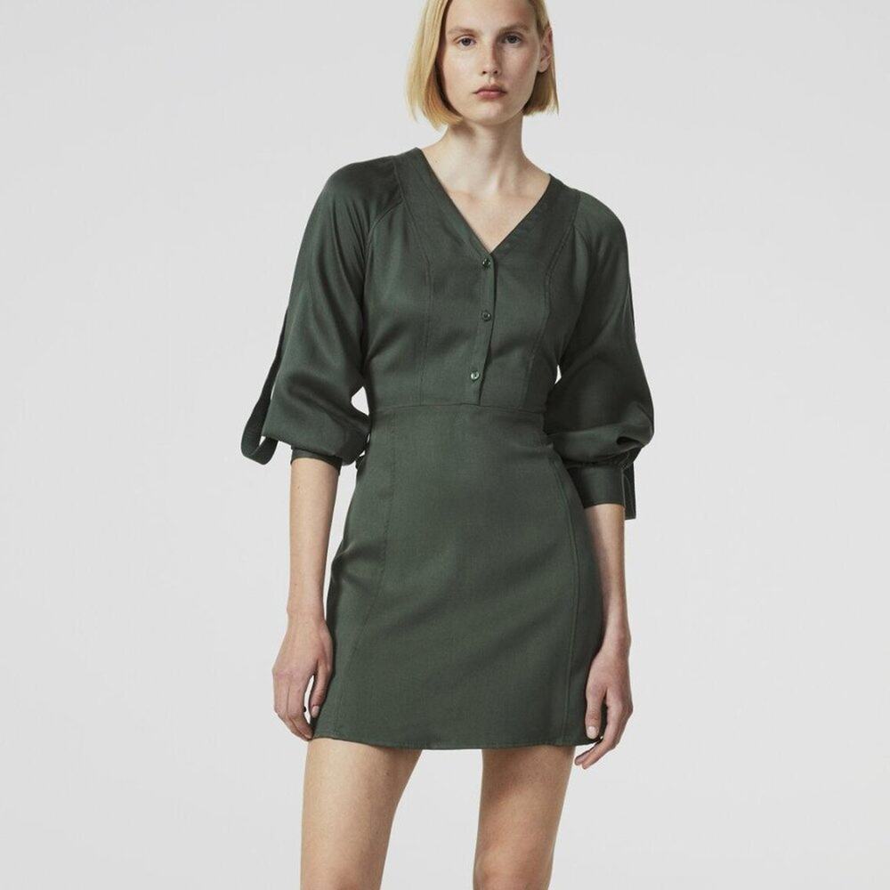NEW Rodebjer Ali Ivy Green 3/4 Sleeve Button Utility Dress Sz Medium Minimalist